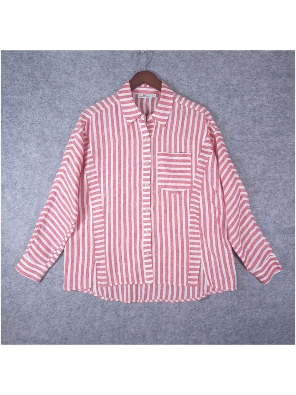 Vineyard Vines Linen Button Up Shirt Womens Size 8 Red White Stripe Long Sleeve